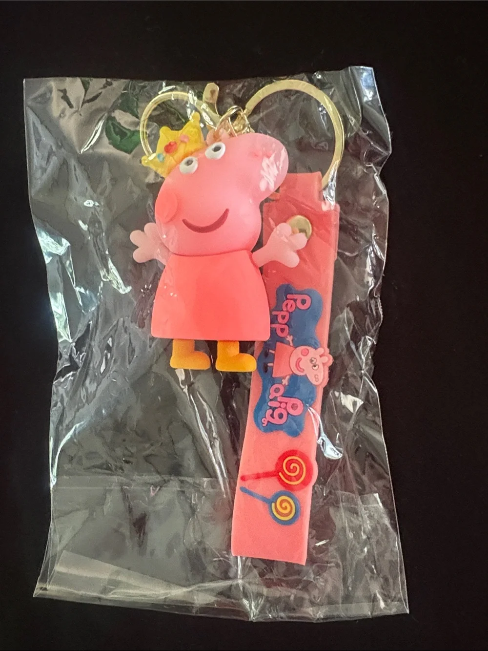 Peppa Pig with Yellow Crown Keychain Bag Charm with Pink Strap